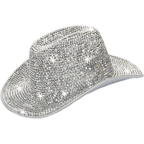 Silver Rhinestone Cowboy Hat Women Glitter Disco Western Fashion Accessory